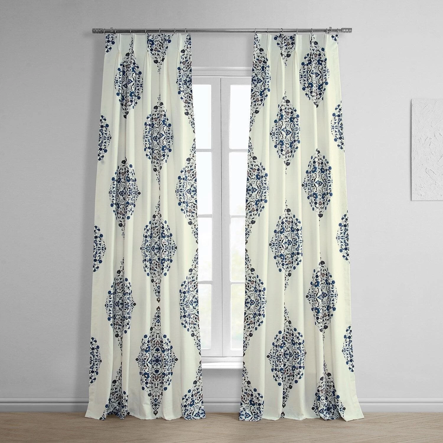 Kerala Blue French Pleat Printed Cotton Curtain 3 Kerala Blue French Pleat Printed Cotton Curtain