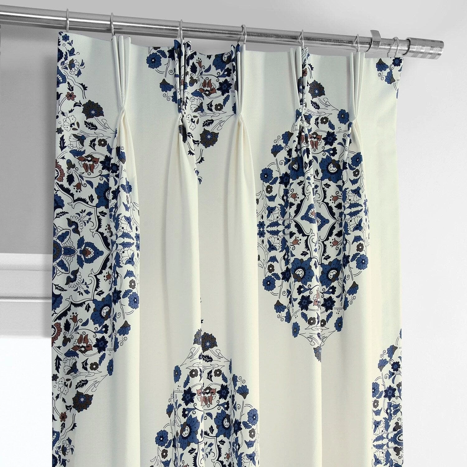 Kerala Blue French Pleat Printed Cotton Curtain 4 Kerala Blue French Pleat Printed Cotton Curtain - Image 2
