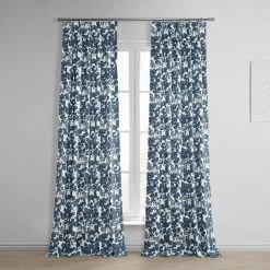 Fleur Blue French Pleat Printed Cotton Curtain