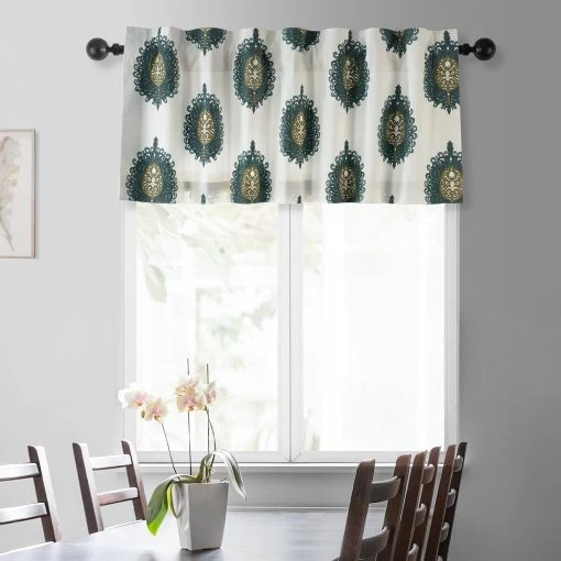 Mayan Teal Printed Cotton Window Valance -Chic Curtains Shop PRTW VLD02 front view 1