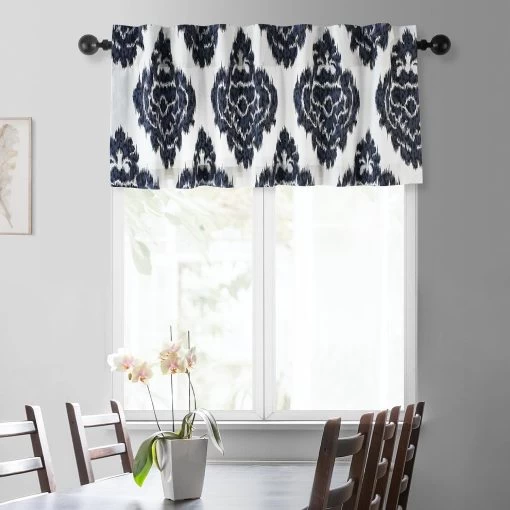 Ikat Blue Printed Cotton Window Valance -Chic Curtains Shop PRTW VLD24A front view 1