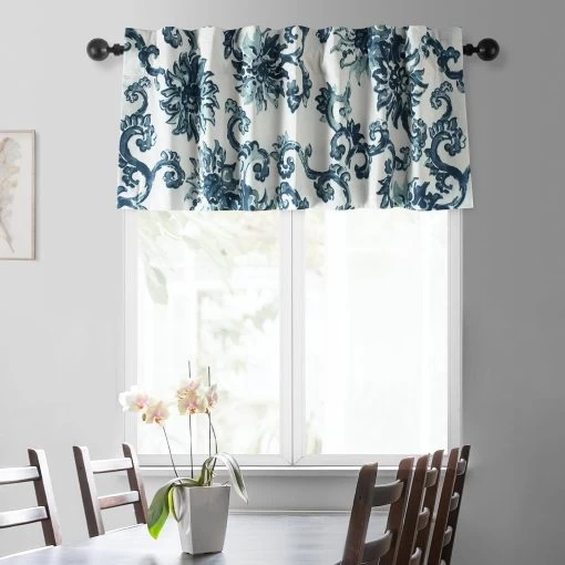 Indonesian Blue Printed Cotton Window Valance -Chic Curtains Shop PRTW VLD40 front view 1