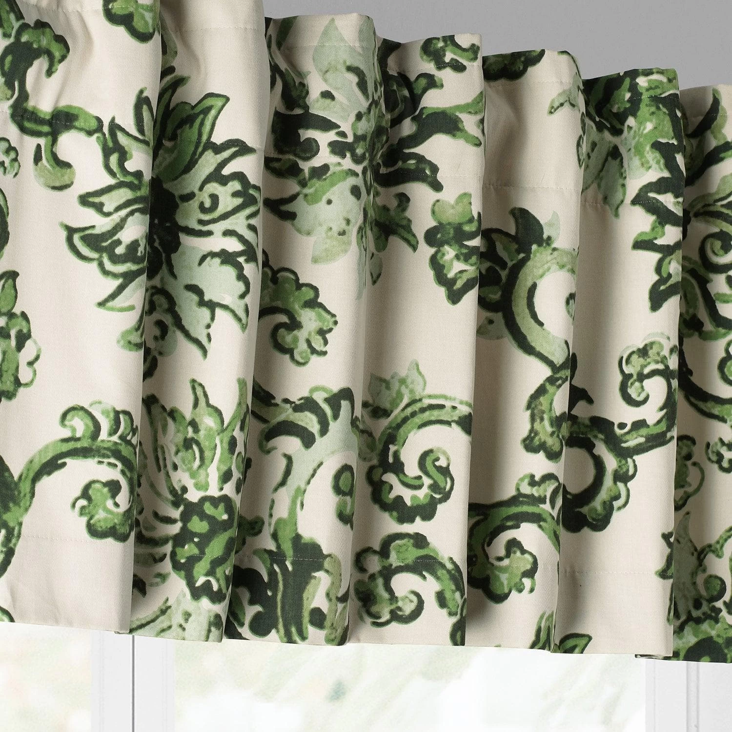 Indonesian Green Printed Cotton Window Valance 4 Indonesian Green Printed Cotton Window Valance - Image 2