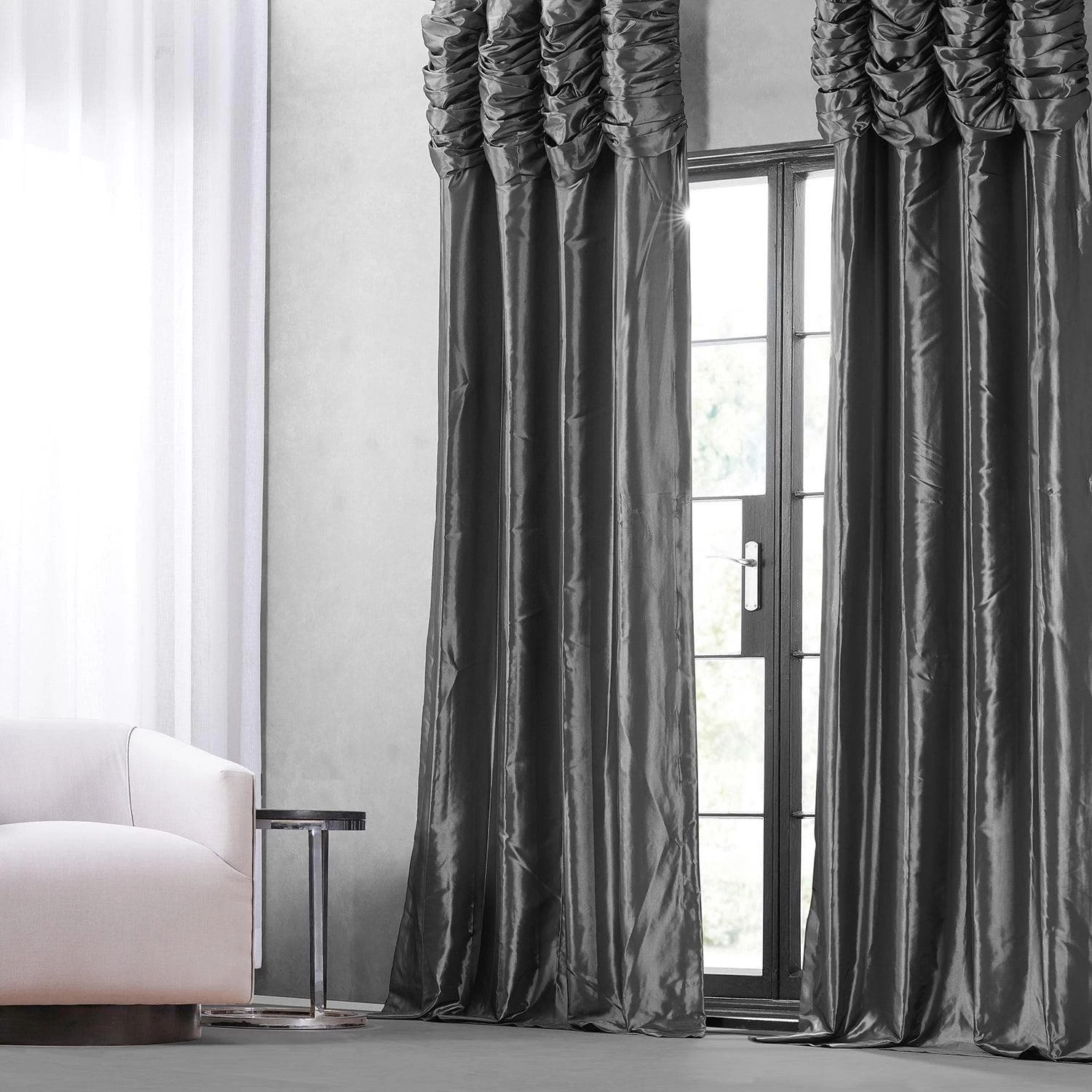 Graphite Ruched Solid Faux Silk Taffeta Curtain 7 Graphite Ruched Solid Faux Silk Taffeta Curtain - Image 5