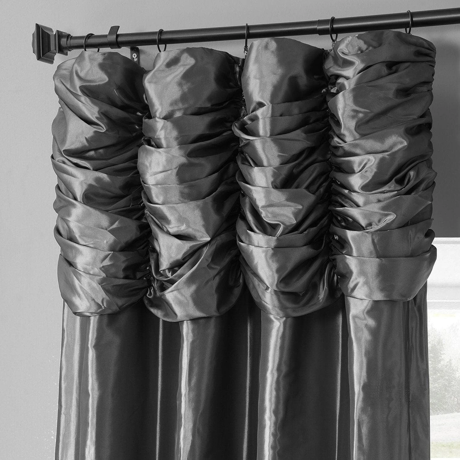 Graphite Ruched Solid Faux Silk Taffeta Curtain 4 Graphite Ruched Solid Faux Silk Taffeta Curtain - Image 2