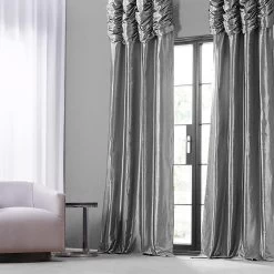 Platinum Ruched Solid Faux Silk Taffeta Curtain -Chic Curtains Shop PTCH 112 RU front view 1