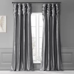 Graphite Ruched Solid Faux Silk Taffeta Curtain