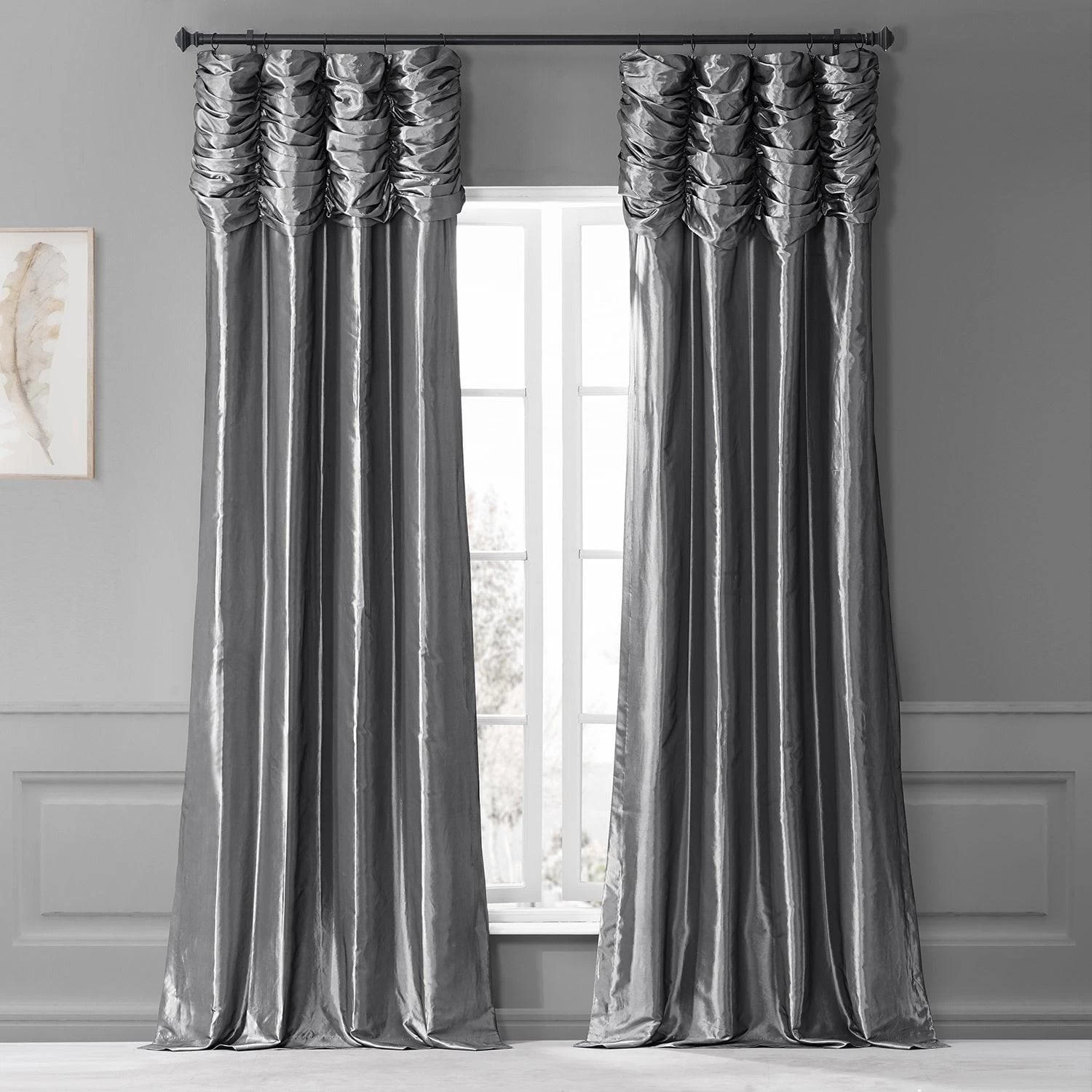 Graphite Ruched Solid Faux Silk Taffeta Curtain 3 Graphite Ruched Solid Faux Silk Taffeta Curtain