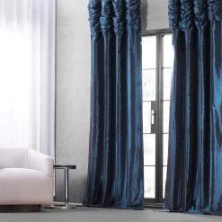 Navy Ruched Solid Faux Silk Taffeta Curtain -Chic Curtains Shop PTCH 194010 RU front view 1