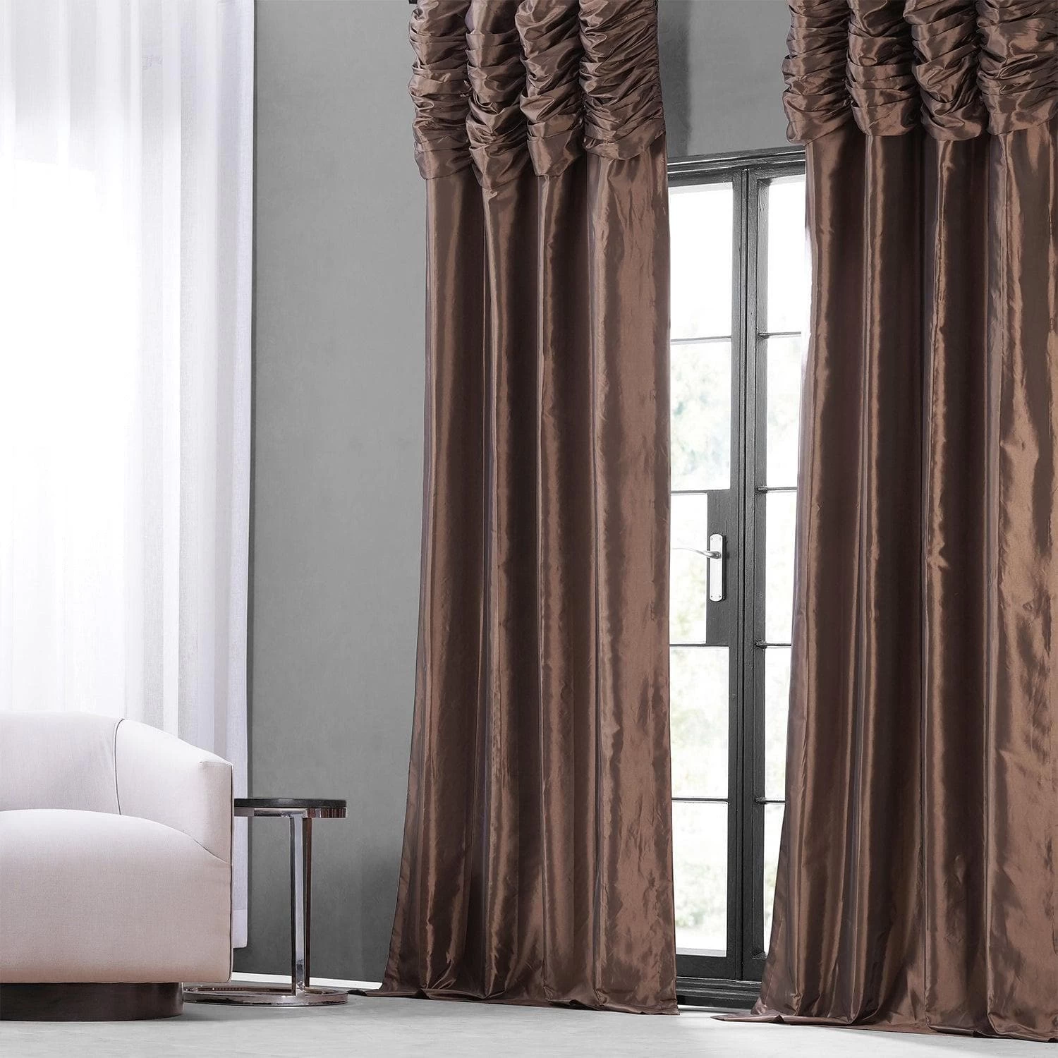 Copper Brown Ruched Solid Faux Silk Taffeta Curtain 8 Copper Brown Ruched Solid Faux Silk Taffeta Curtain - Image 6
