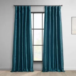 Dark Teal Blue Solid Faux Silk Taffeta Curtain Pair (2 Panels)