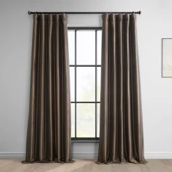 Dark Copper Brown Solid Faux Silk Taffeta Room Darkening Curtain Pair (2 Panels)