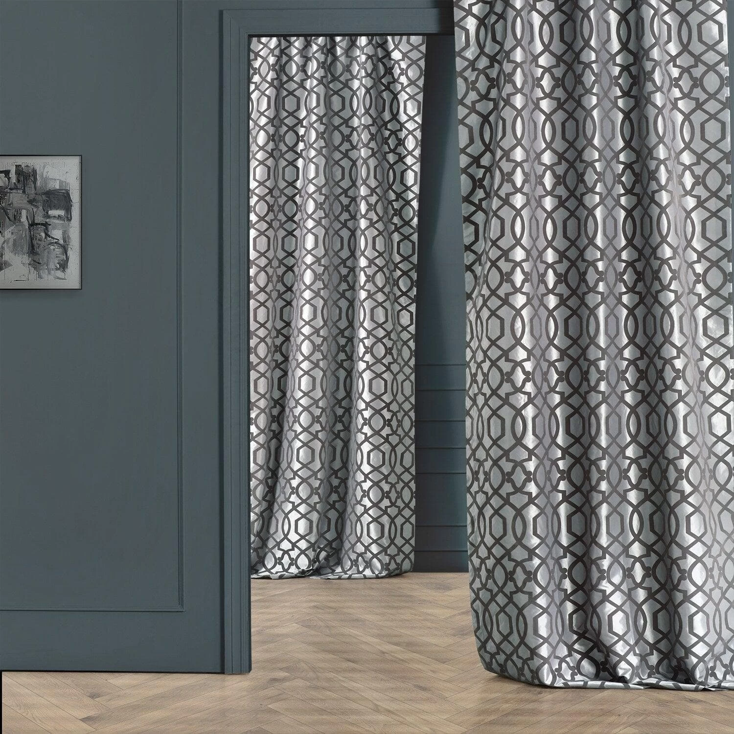 Filigree Grey & Pewter Designer Flocked Curtain 8 Filigree Grey & Pewter Designer Flocked Curtain - Image 6