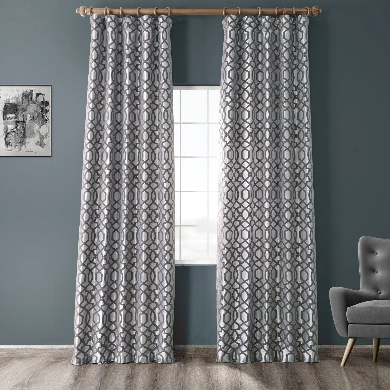 Filigree Grey & Pewter Designer Flocked Curtain 3 Filigree Grey & Pewter Designer Flocked Curtain