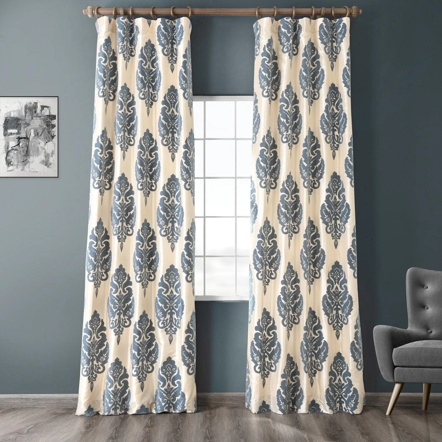 Francesca Grey And Blue Designer Flocked Curtain 3 Francesca Grey And Blue Designer Flocked Curtain