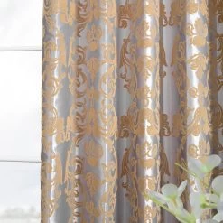 Firenze Platinum & Gold Designer Flocked Curtain -Chic Curtains Shop PTFFLK C7EVP alt1