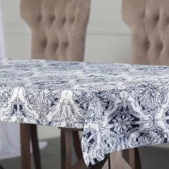 Delft Blue Designer Faux Silk Taffeta Outdoor Table Cloth
