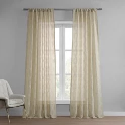 Calais Tile Beige Patterned Faux Linen Sheer Curtain