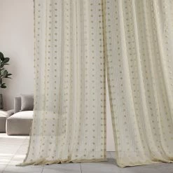 Strasbourg Dot Beige Patterned Faux Linen Sheer Curtain -Chic Curtains Shop SHCH 119B front view 1