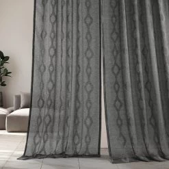 Vega Charcoal Patterned Faux Linen Sheer Curtain -Chic Curtains Shop SHCH 81848B front view 1