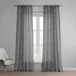 Vega Charcoal Patterned Faux Linen Sheer Curtain