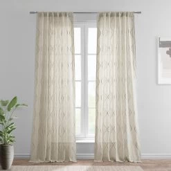Suez Natural Embroidered Patterned Faux Linen Sheer Curtain