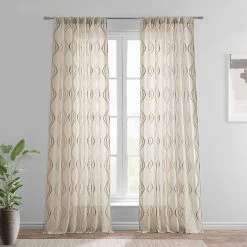 Suez Bronze Embroidered Patterned Faux Linen Sheer Curtain