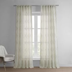 Global White Embroidered Linen Sheer Curtain Pair (2 Panels)