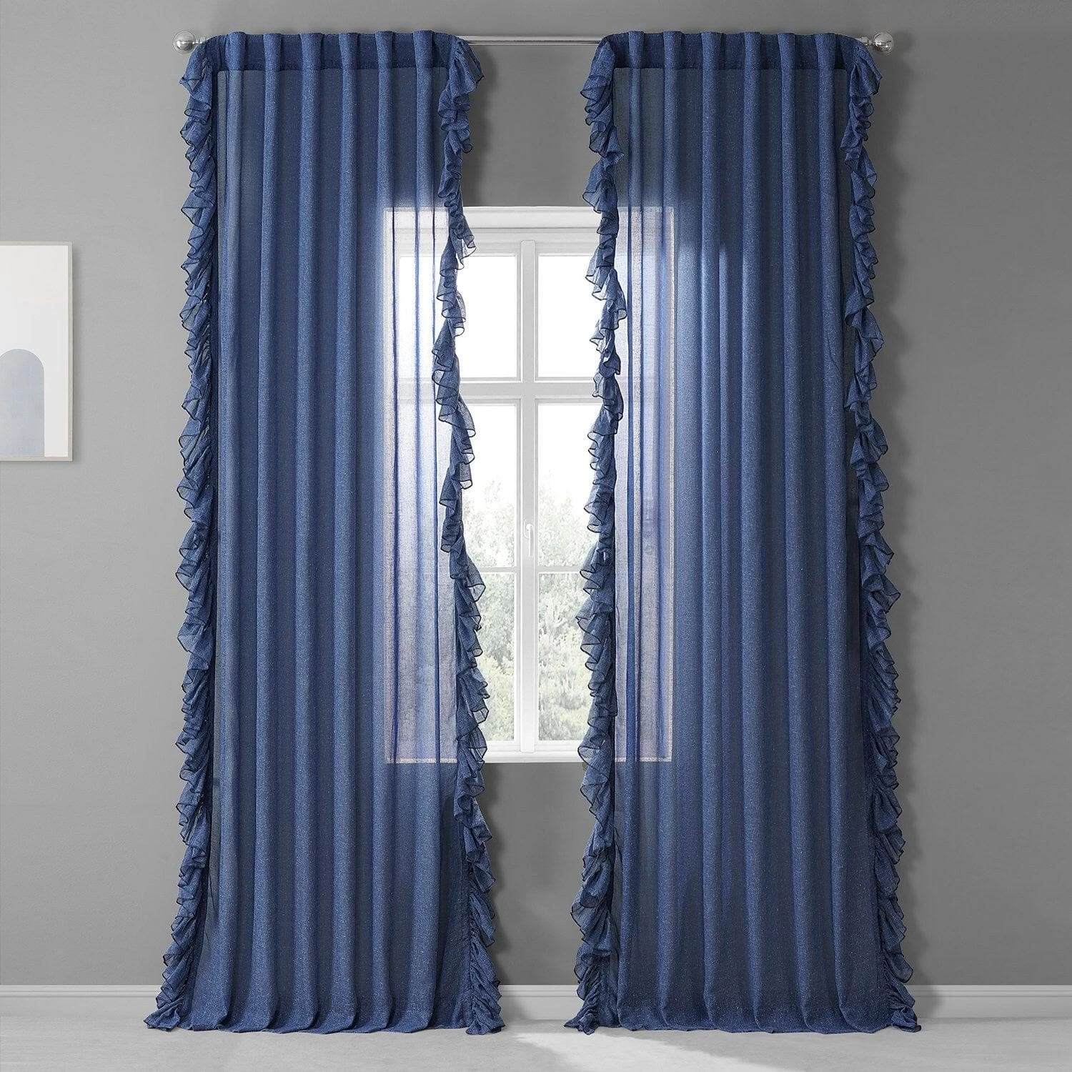 Blue Lapis Ruffled Faux Linen Sheer Curtain 3 Blue Lapis Ruffled Faux Linen Sheer Curtain