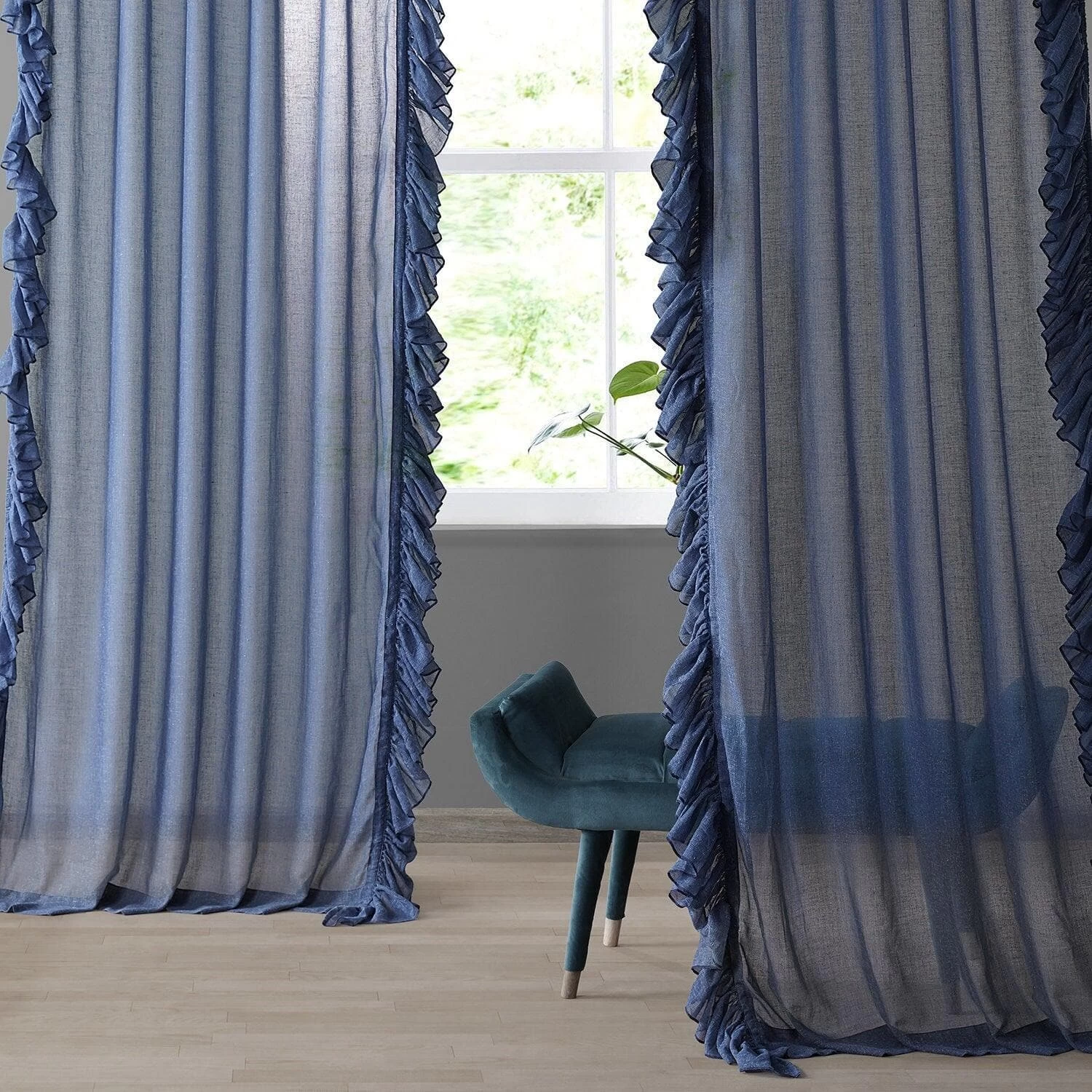 Blue Lapis Ruffled Faux Linen Sheer Curtain 8 Blue Lapis Ruffled Faux Linen Sheer Curtain - Image 6