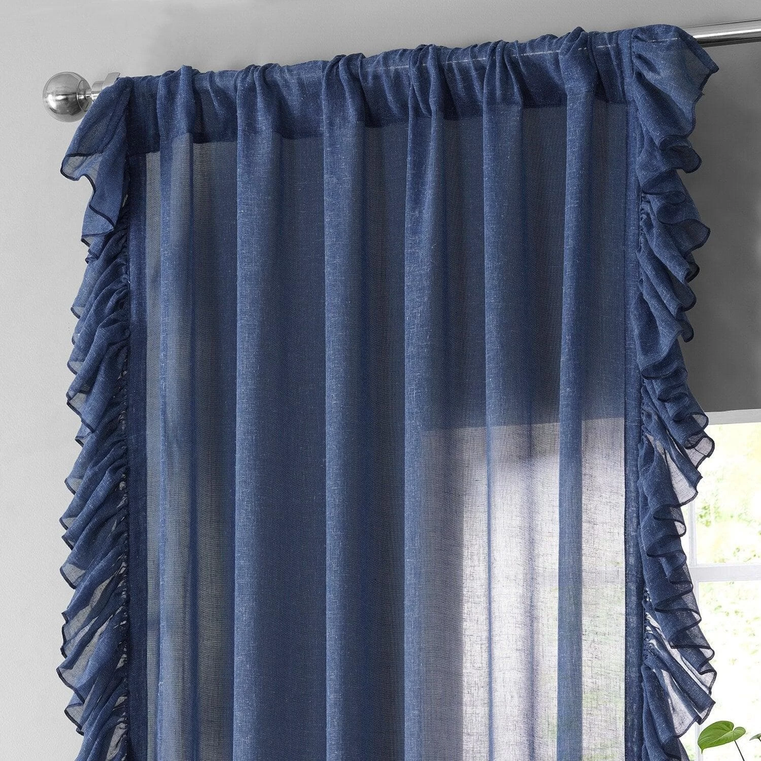 Blue Lapis Ruffled Faux Linen Sheer Curtain 5 Blue Lapis Ruffled Faux Linen Sheer Curtain - Image 3
