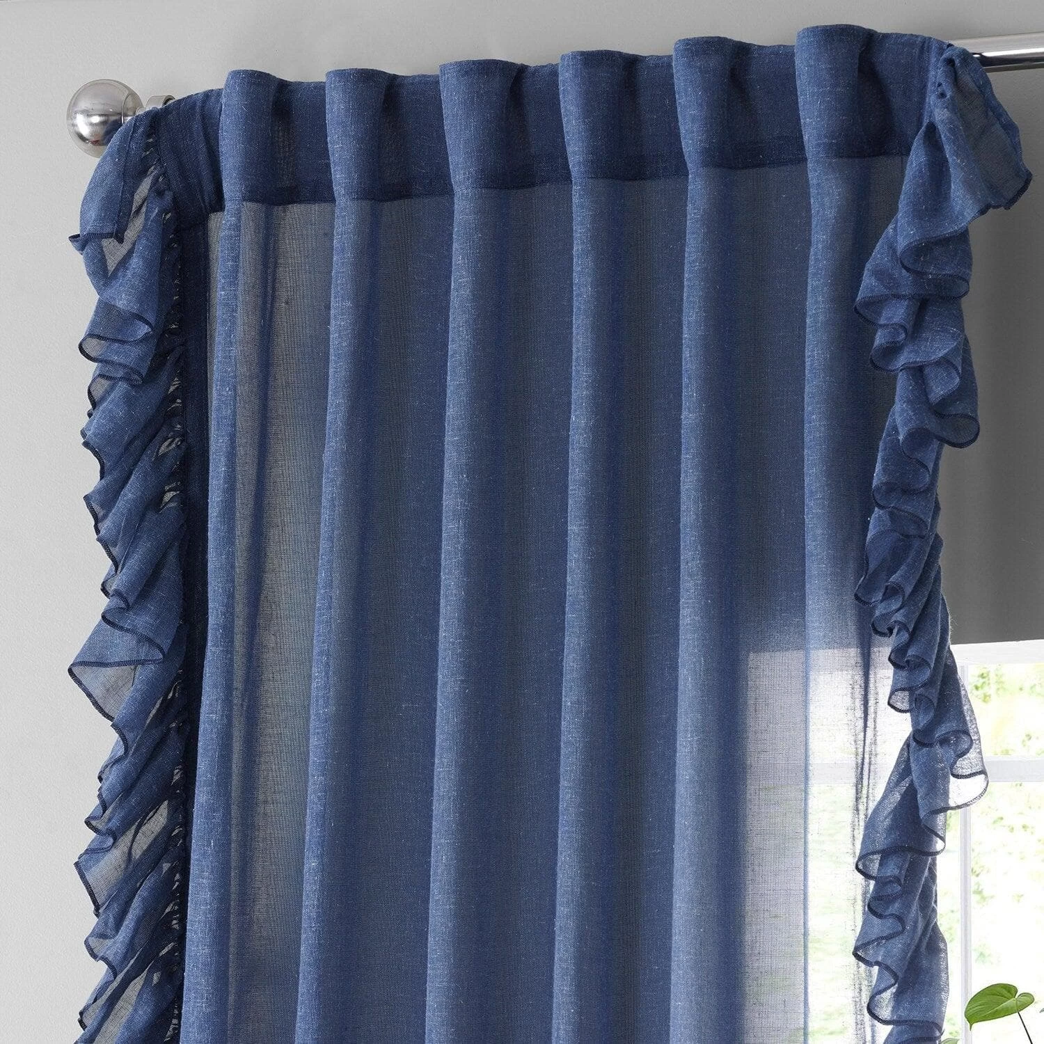 Blue Lapis Ruffled Faux Linen Sheer Curtain 4 Blue Lapis Ruffled Faux Linen Sheer Curtain - Image 2