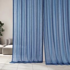 Blue Cyan Faux Linen Sheer Curtain Pair (2 Panels) -Chic Curtains Shop SHFLNCH SP19 front view 1