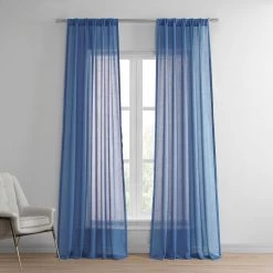 Blue Cyan Faux Linen Sheer Curtain Pair (2 Panels)